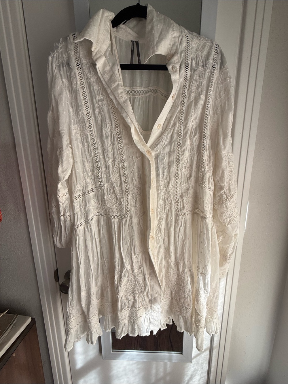 Anthropologie White Lace Detail Button-Front Dress